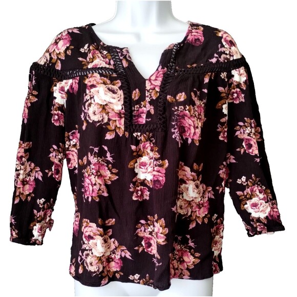 Gauze Top Women's L 3/4 Sleeve Pinks Black Embroider Career Packable Cottage - Picture 1 of 12